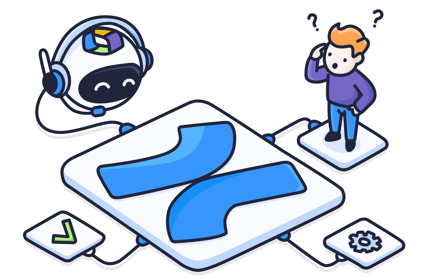 Illustration of Rovo in Confluence as a robot assistant wired to the Confluence logo, next to a puzzled user, a checkmark, and a gear.