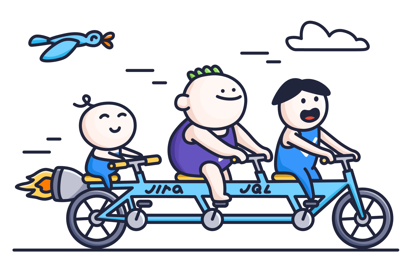 Cartoon team riding a rocket-powered tandem bike labeled Jira and JQL, showing the speed boost of JQL functions.