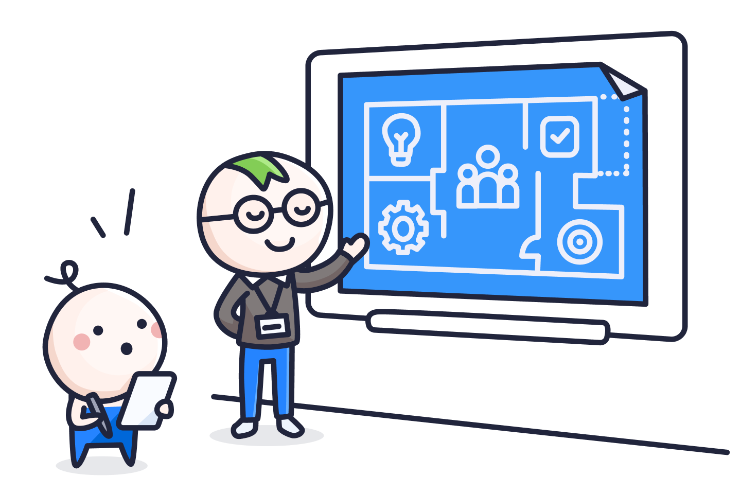 Illustration of a person presenting a blueprint that represents a requirement in Jira.