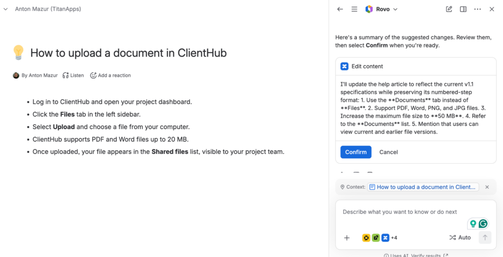 Rovo listing five suggested edits to a Confluence help article, with Confirm and Cancel buttons.