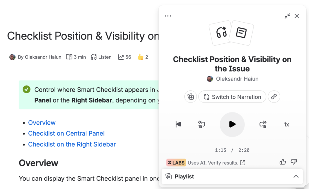 Audio briefings player reading a Confluence page aloud, with progress bar and playback controls.