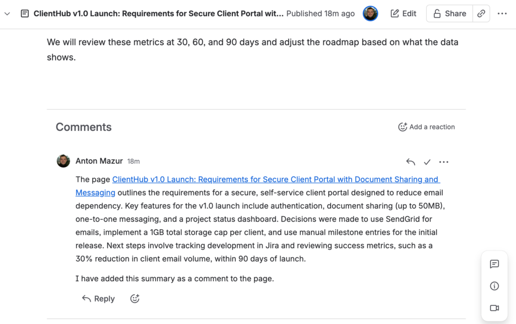 Confluence comment holding an automated Rovo summary of the page features, decisions, and next steps.