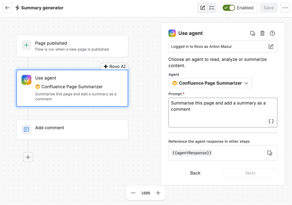Confluence automation flow with a page published trigger, a Rovo agent step, and an add comment action.