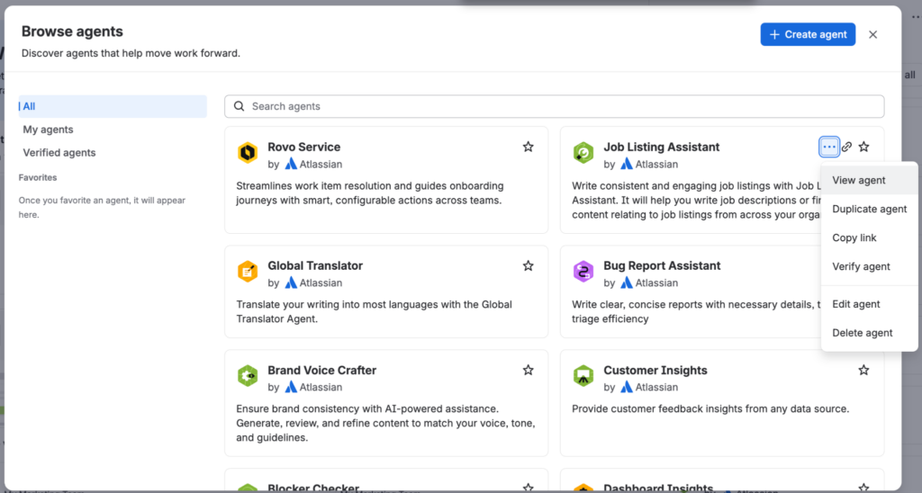 Browse agents window in Rovo with prebuilt Atlassian agents and the agent options menu open.