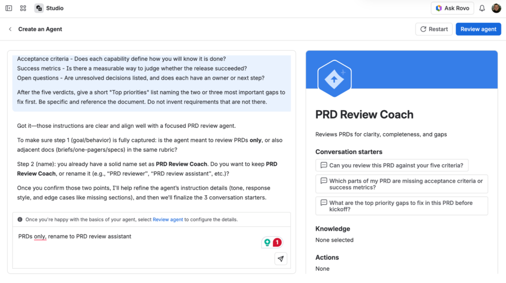 Rovo Studio turning a plain language description into a draft PRD review agent.