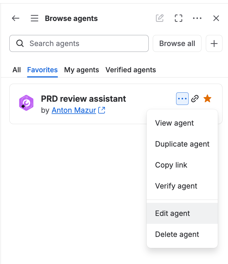 Custom Rovo agent in the Browse agents list with the edit, duplicate, and delete menu open.