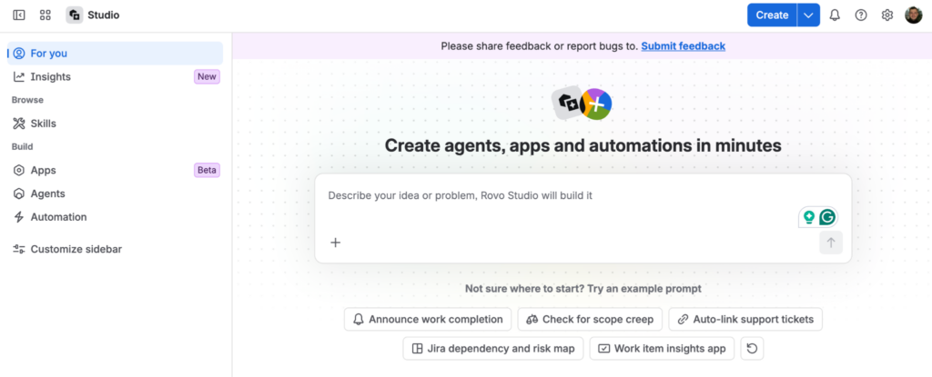 Rovo Studio home screen with a prompt box for building agents, apps, and automations.