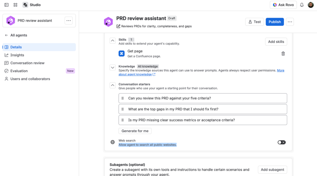 Rovo agent settings with skills, knowledge, conversation starters, web search, and subagents.