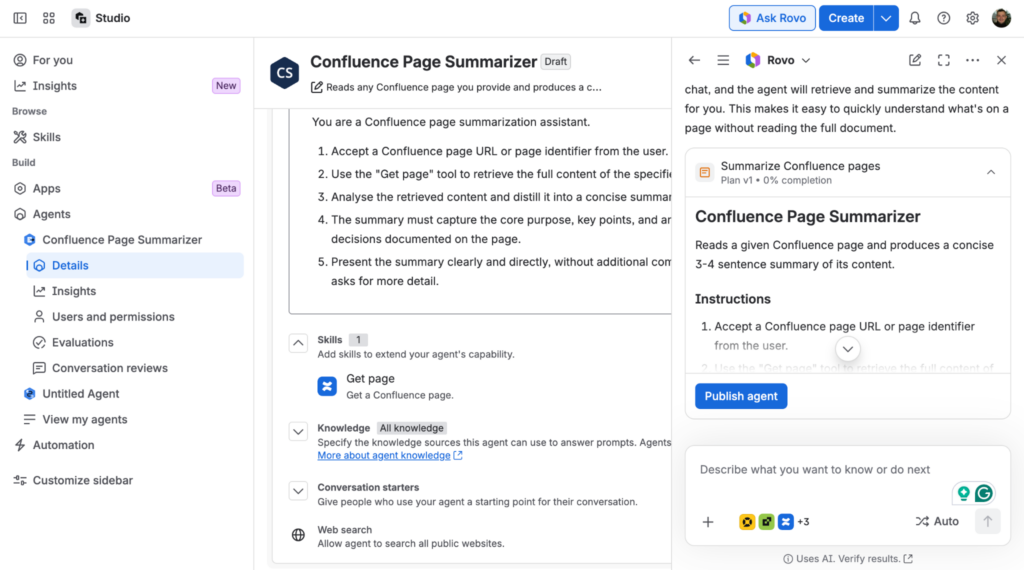 Confluence Page Summarizer agent instructions in Rovo Studio, ready to be published.