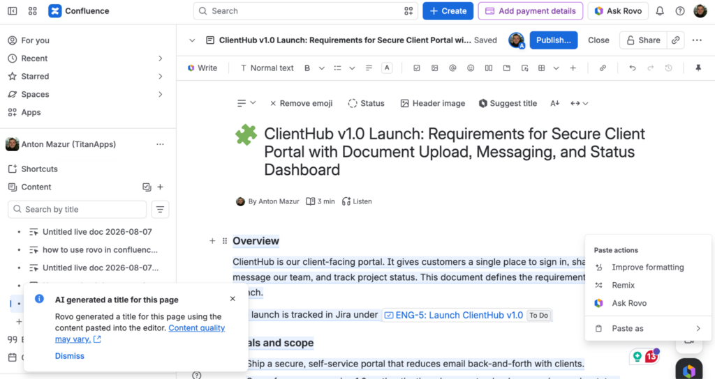 Confluence editor with a page title generated by Rovo.