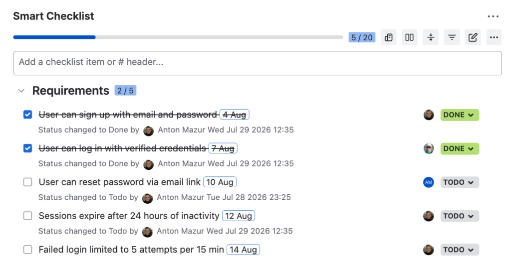Smart Checklist panel in a Jira work item showing five requirements as checklist items, each with a timestamp and the user who changed its status