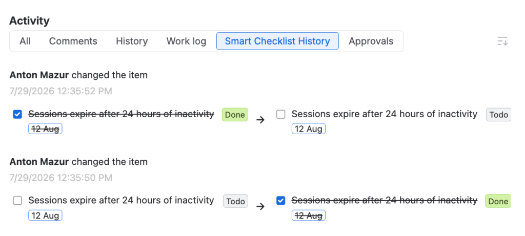 Smart Checklist History tab in a Jira work item, showing a requirement item toggled between Done and Todo with timestamps for each change.