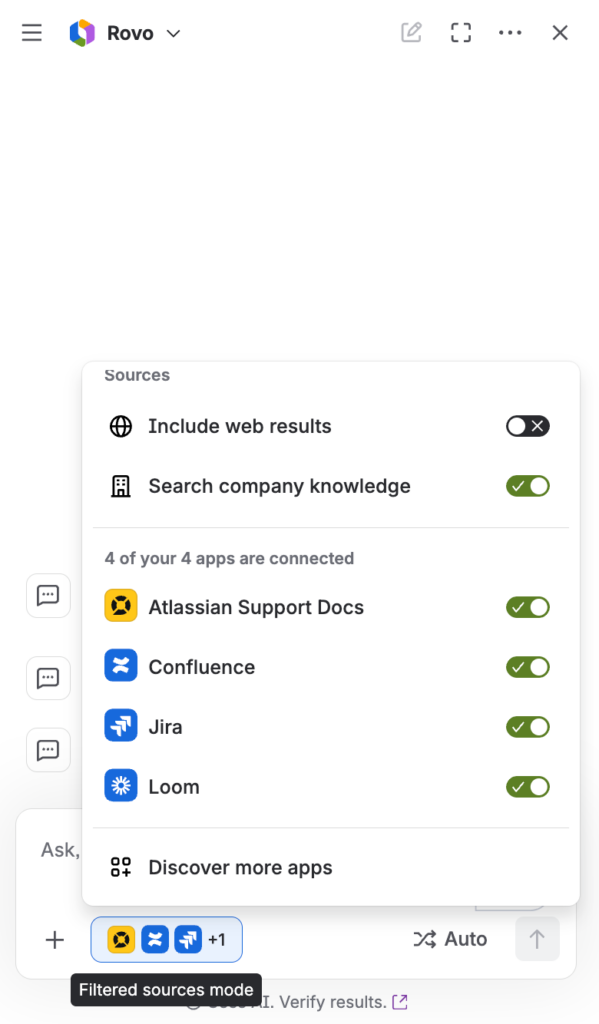 Rovo sources menu in Confluence with Atlassian Support Docs, Confluence, Jira, and Loom connected.