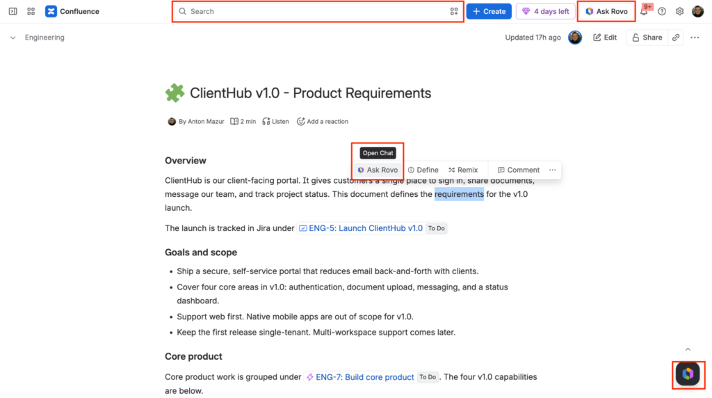 Confluence page with the search bar, Ask Rovo button, inline toolbar, and floating Rovo icon marked.
