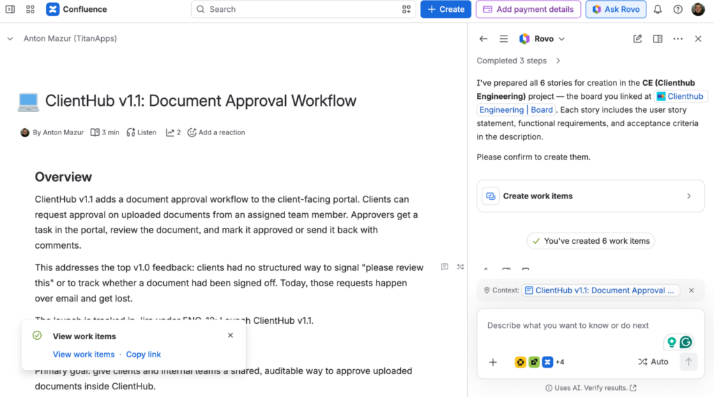 Rovo preparing six stories from a Confluence requirements page and asking the user to confirm.