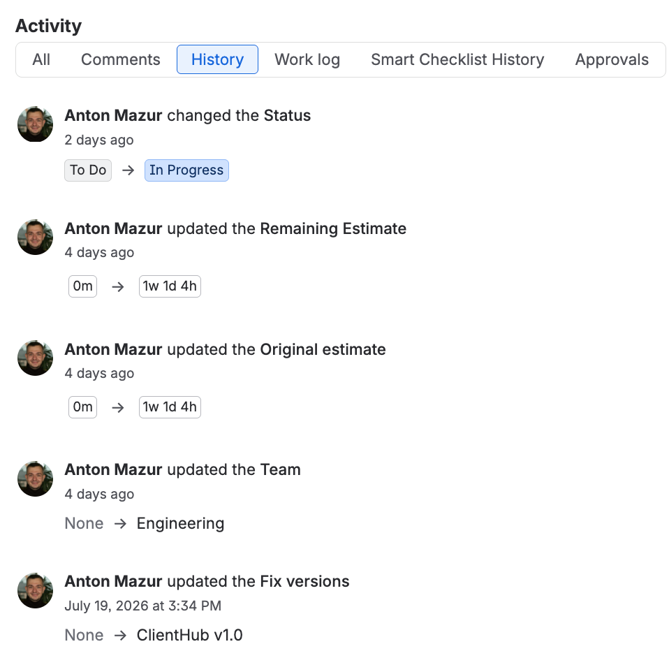 Jira work item Activity panel on the History tab, showing status and field changes with the user and date for each update.