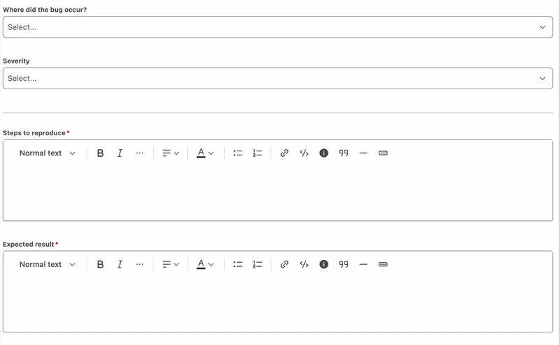 A JSM form with conditional sections that depend on the answer to Where did the bug occur