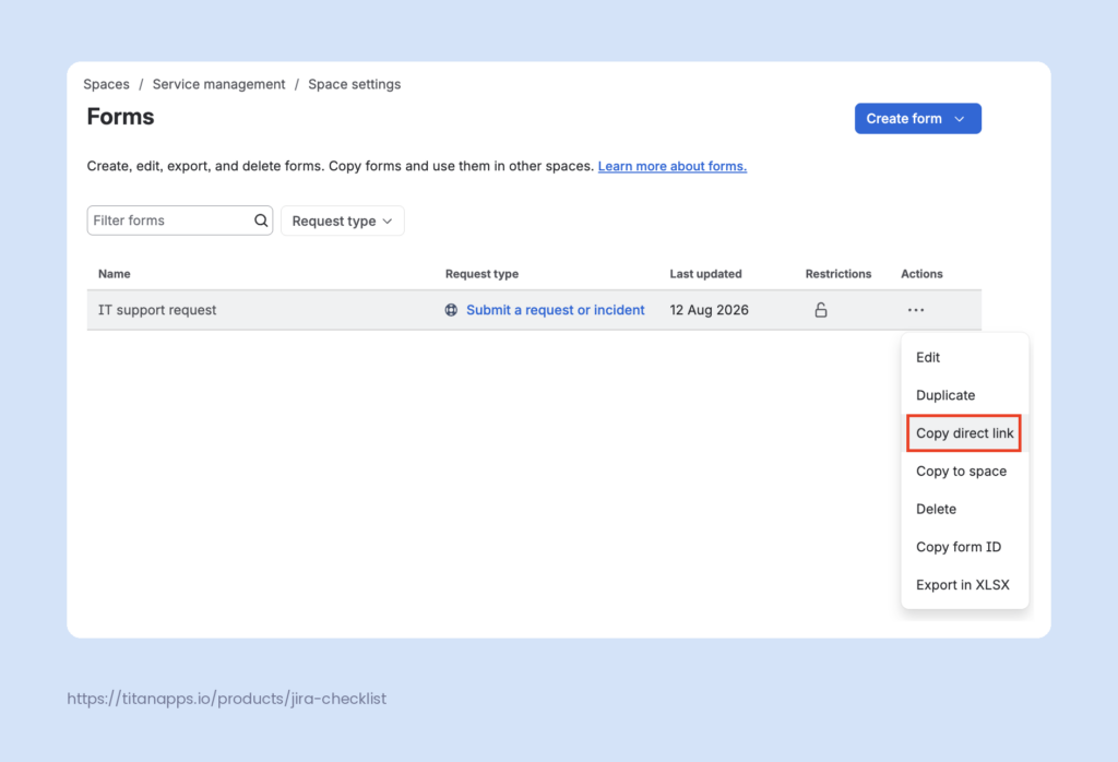 The Forms page in space settings with the row Actions menu open, and Copy direct link highlighted among Edit, Duplicate, Delete, Copy form ID, and Export in XLSX.