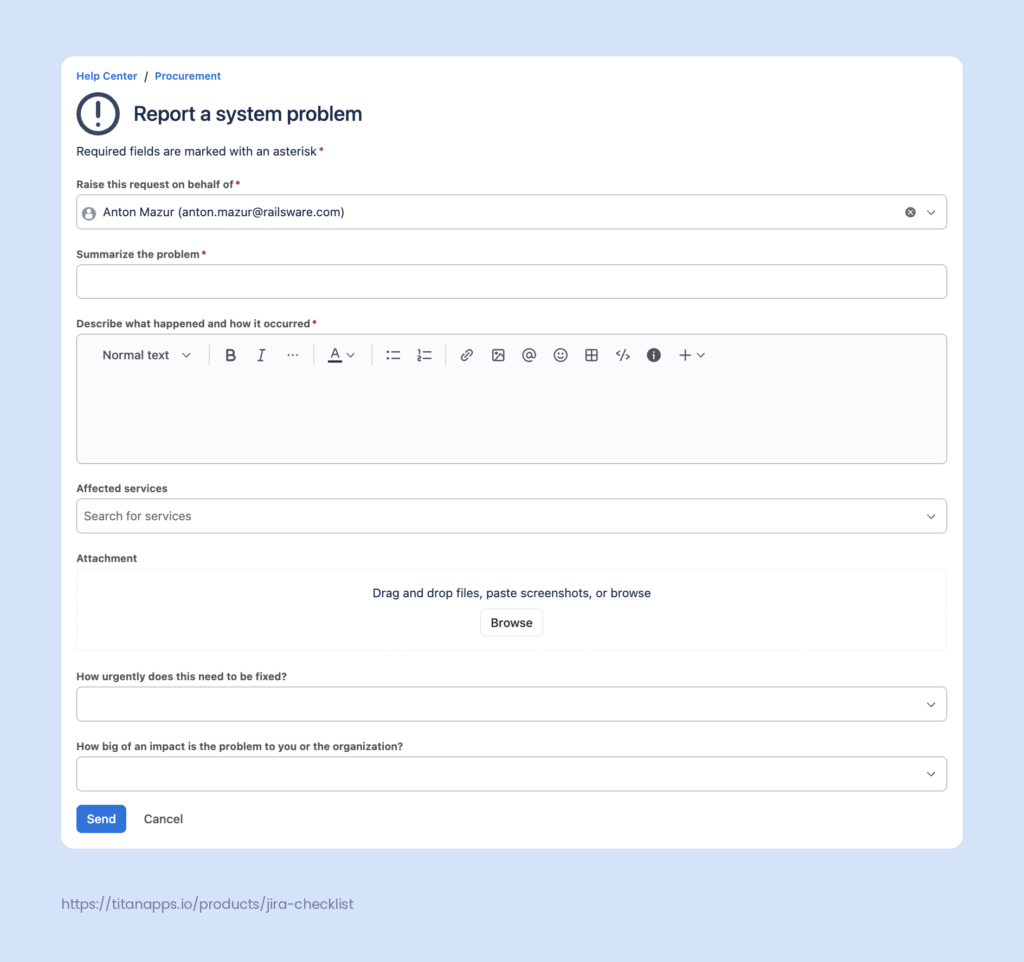 A JSM request form titled Report a system problem, with fields for problem summary, description, affected services, attachment, urgency, and impact.