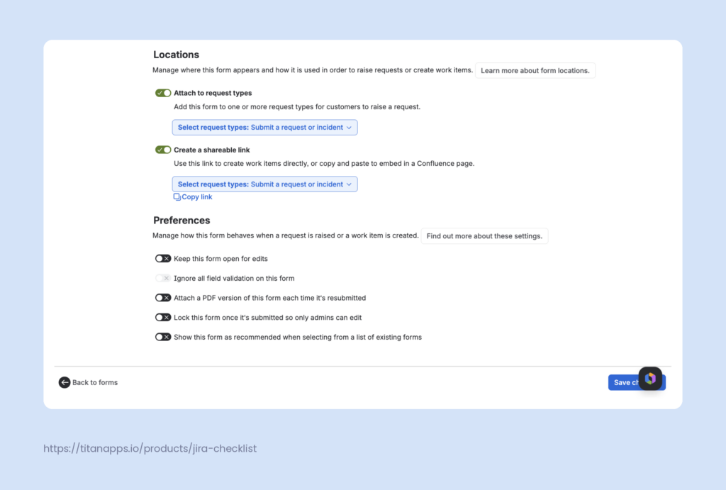 The JSM form Settings tab, with Locations options for request types and shareable links, plus Preferences toggles for form edits, validation, and PDF export.