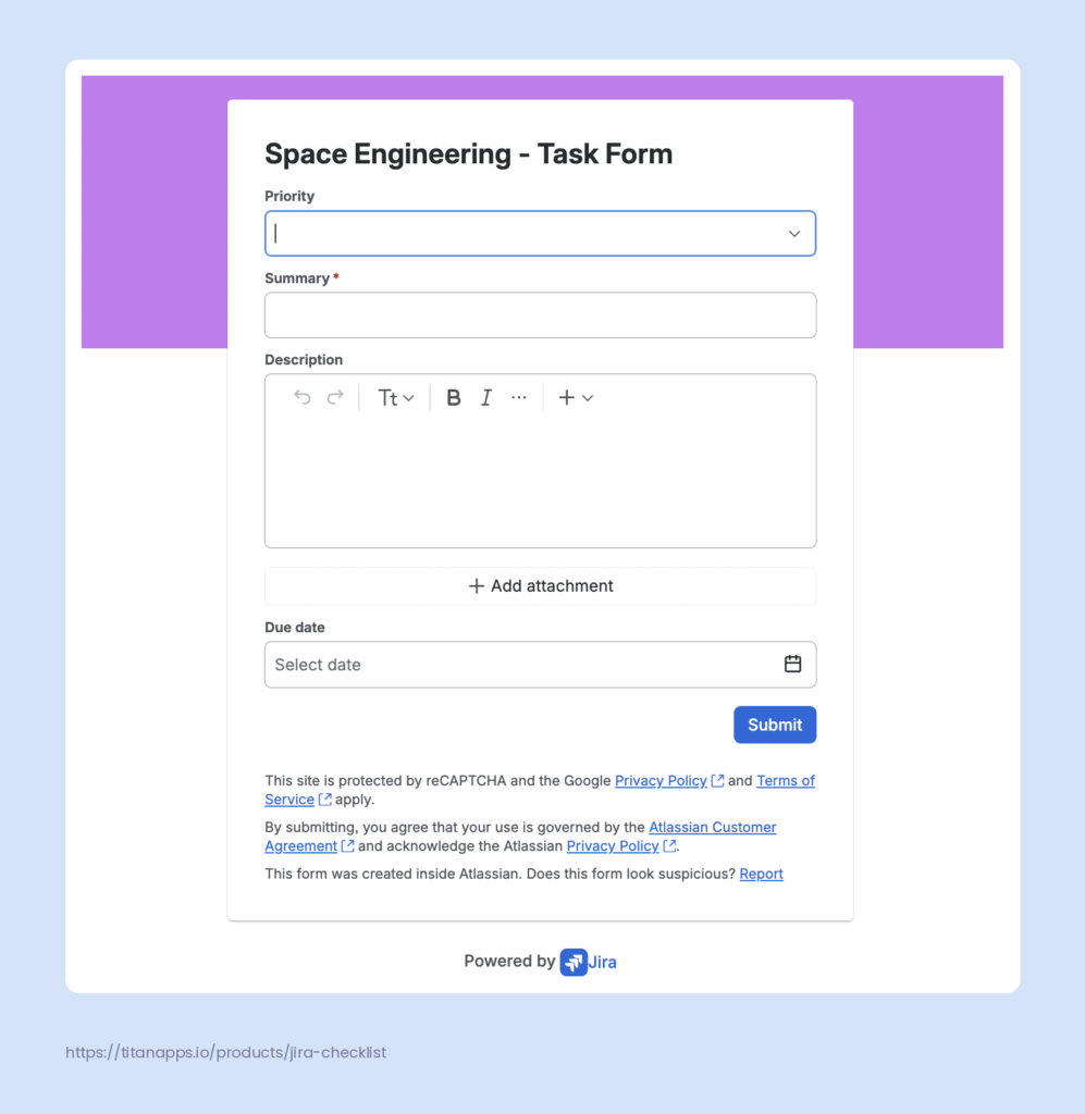 A Jira form titled Space Engineering Task Form, with Priority, Summary, Description, attachment, and Due date fields above a Submit button.