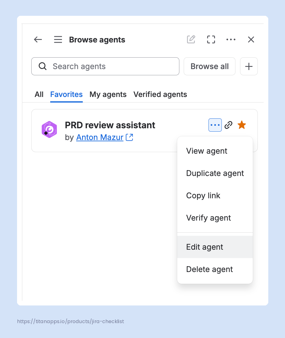 Custom Rovo agent in the Browse agents list with the edit, duplicate, and delete menu open.