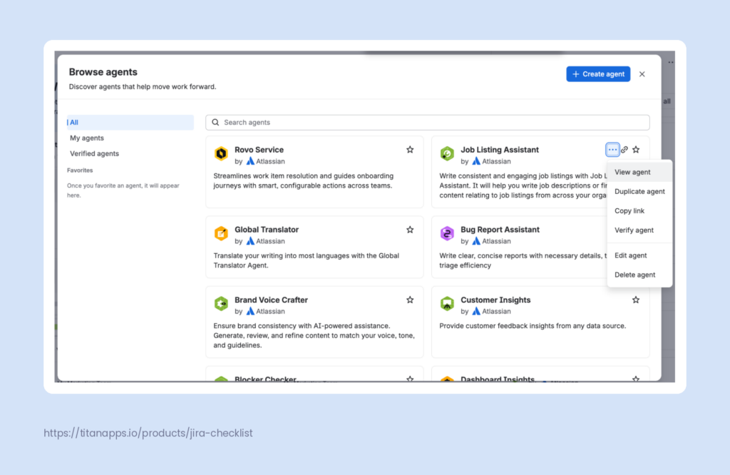 Browse agents window in Rovo with prebuilt Atlassian agents and the agent options menu open.