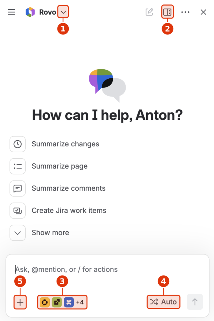 Rovo chat sidebar in Confluence with numbered callouts for agents, view mode, sources, and reasoning.