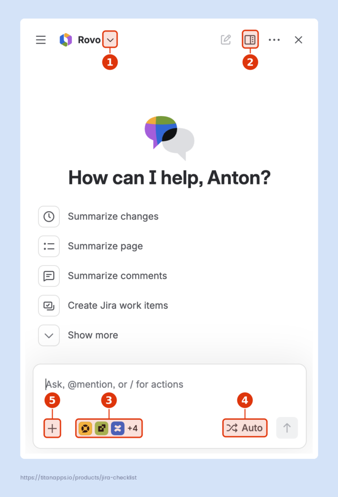 Rovo chat sidebar in Confluence with numbered callouts for agents, view mode, sources, and reasoning.