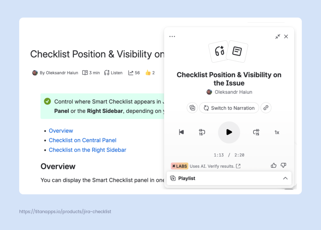 Audio briefings player reading a Confluence page aloud, with progress bar and playback controls.