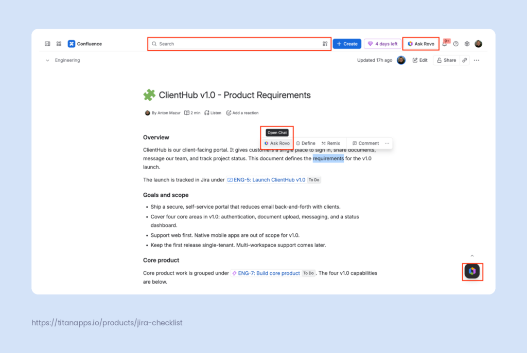 Confluence page with the search bar, Ask Rovo button, inline toolbar, and floating Rovo icon marked.