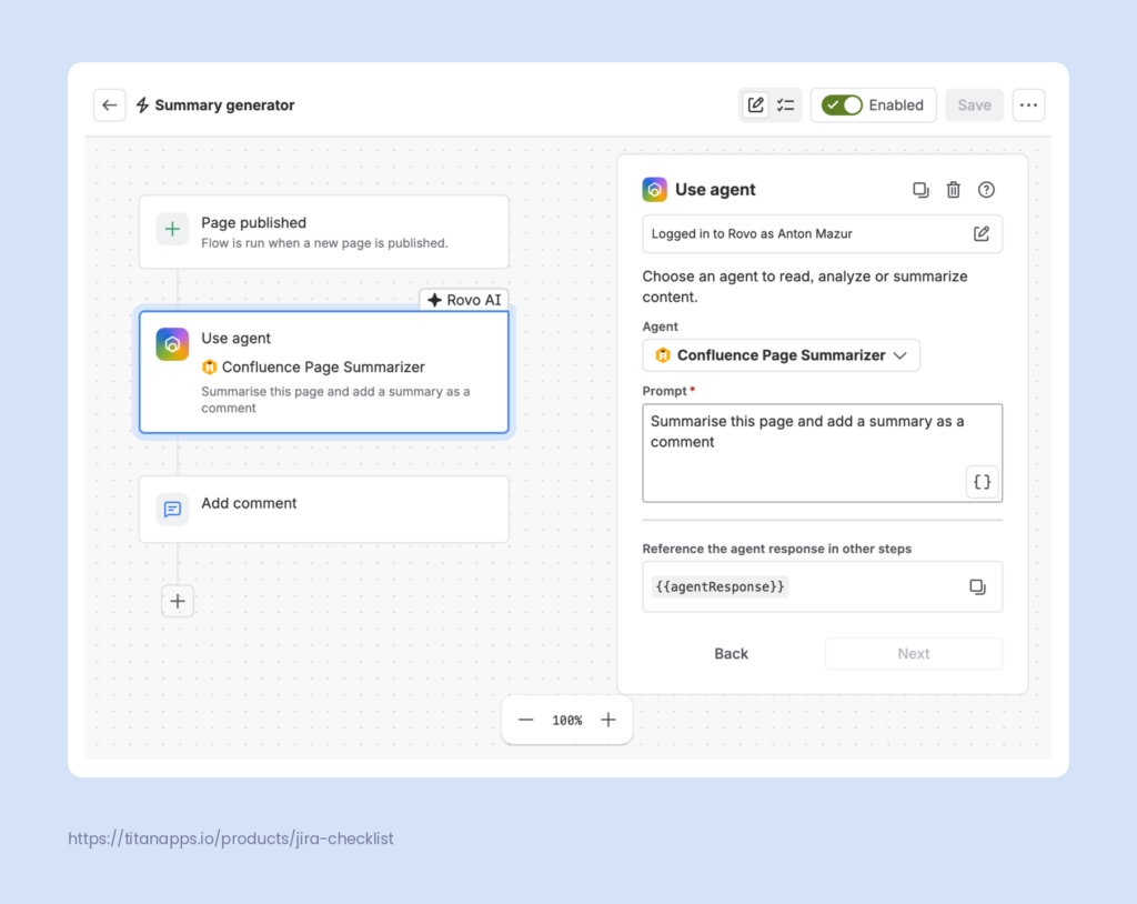 Confluence automation flow with a page published trigger, a Rovo agent step, and an add comment action.