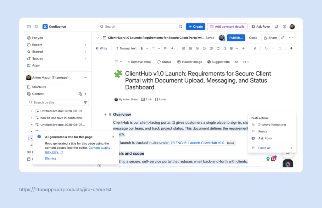 Confluence editor with a page title generated by Rovo.