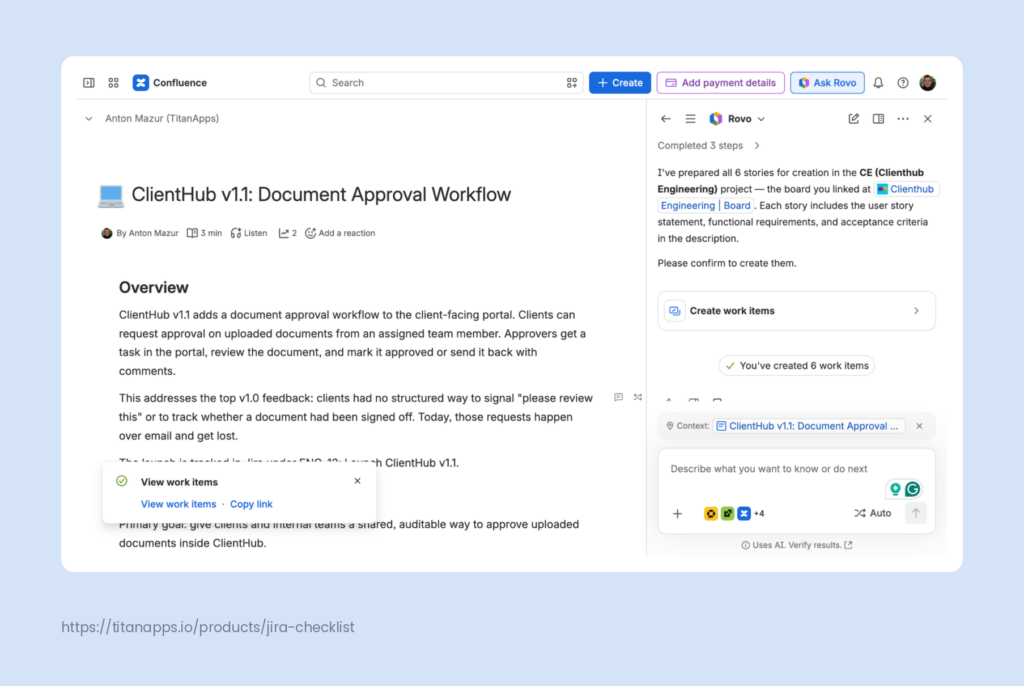 Rovo preparing six stories from a Confluence requirements page and asking the user to confirm.
