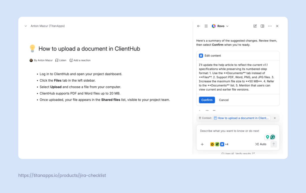 Rovo listing five suggested edits to a Confluence help article, with Confirm and Cancel buttons.