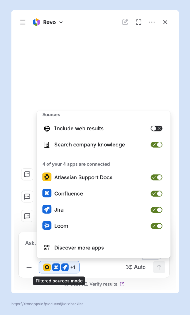 Rovo sources menu in Confluence with Atlassian Support Docs, Confluence, Jira, and Loom connected.