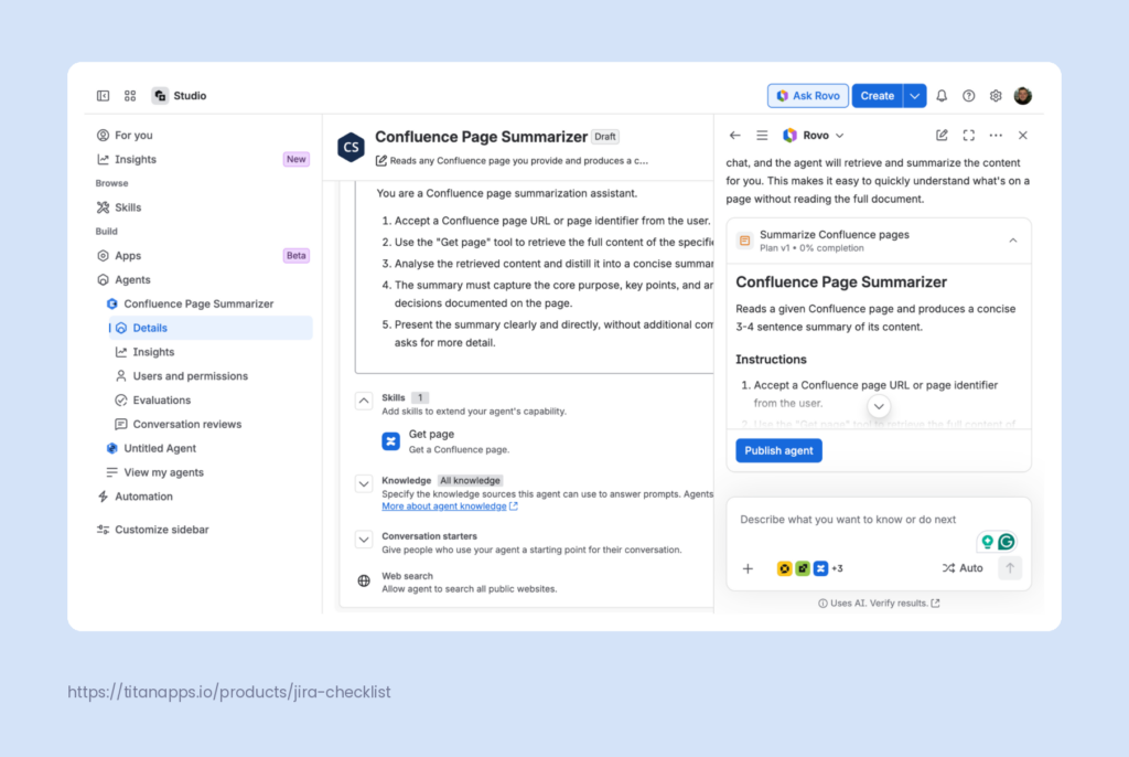 Confluence Page Summarizer agent instructions in Rovo Studio, ready to be published.