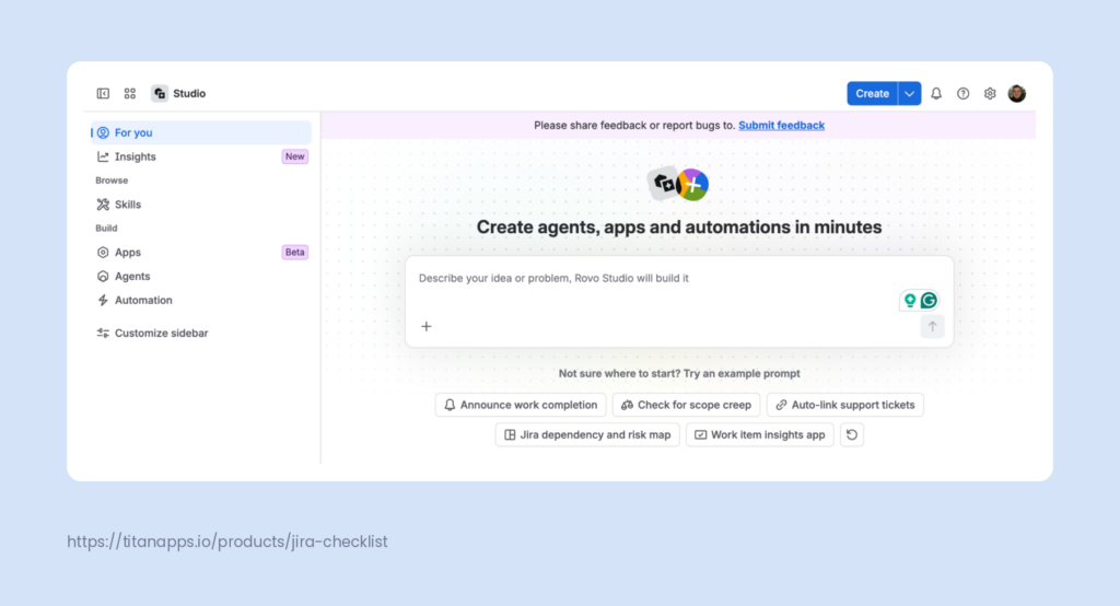 Rovo Studio home screen with a prompt box for building agents, apps, and automations.