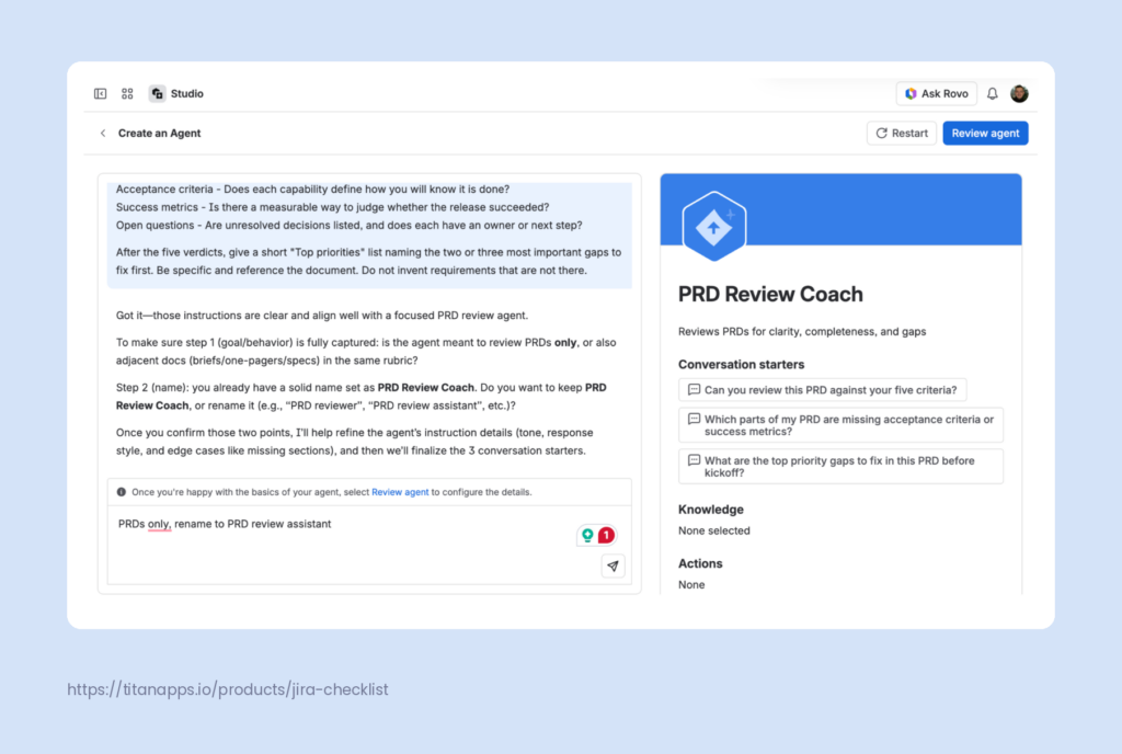 Rovo Studio turning a plain language description into a draft PRD review agent.
