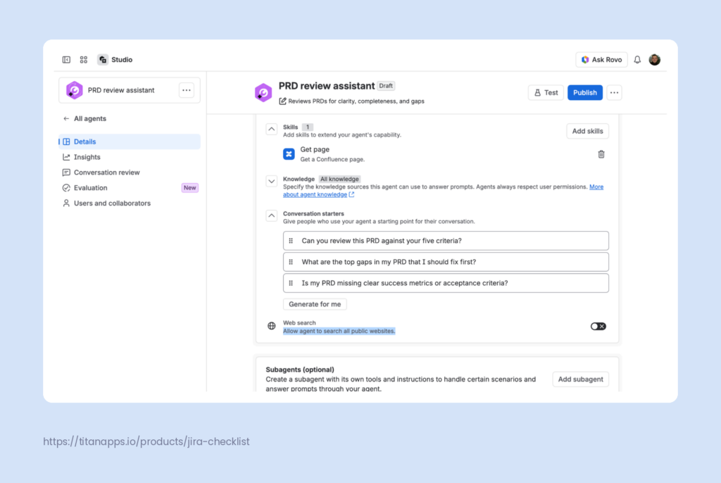 Rovo agent settings with skills, knowledge, conversation starters, web search, and subagents.
