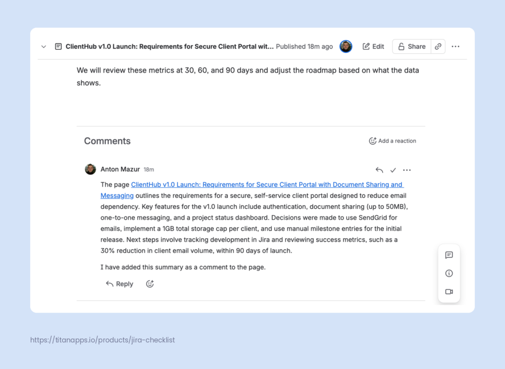 Confluence comment holding an automated Rovo summary of the page features, decisions, and next steps.