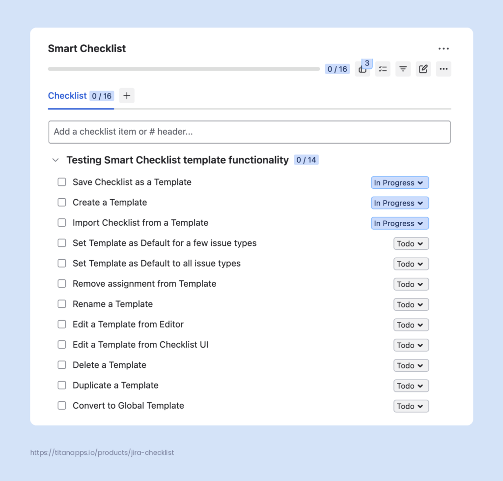 1 - Regression testing checklist example - By Smart Checklist for Jira. 