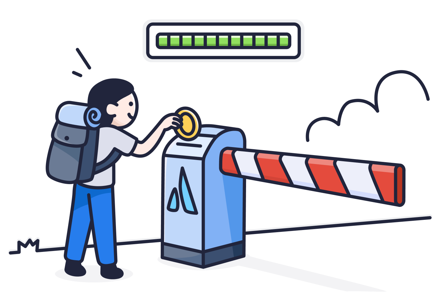Traveler pays a coin at an Atlassian toll gate under a full usage meter, illustrating usage-based pricing.