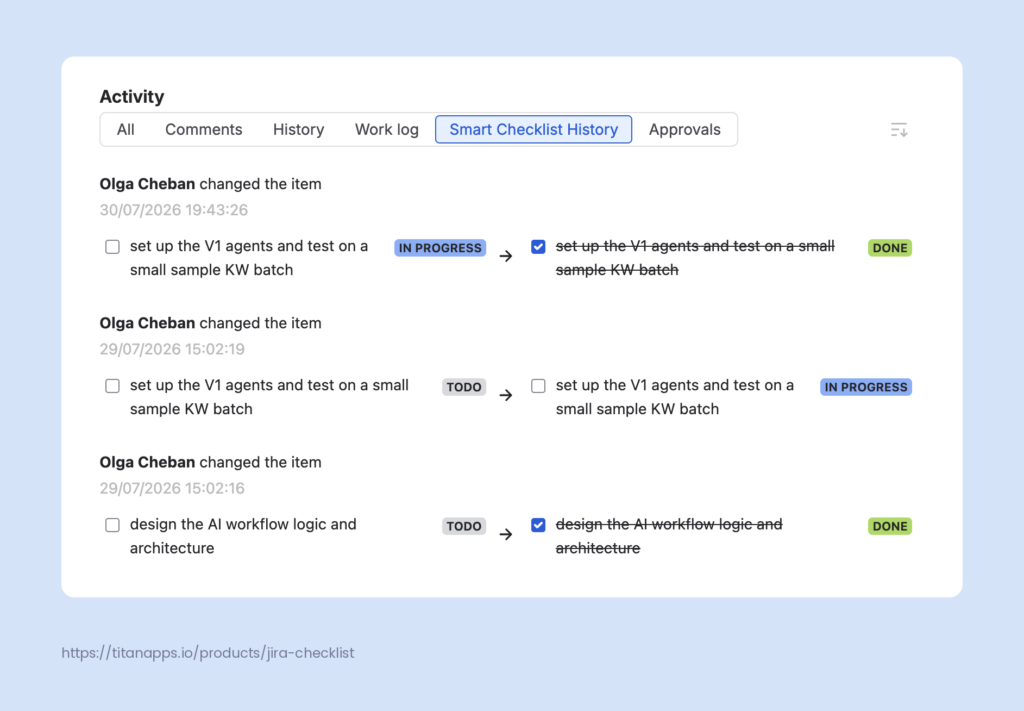 Smart Checklist history in a Jira work item