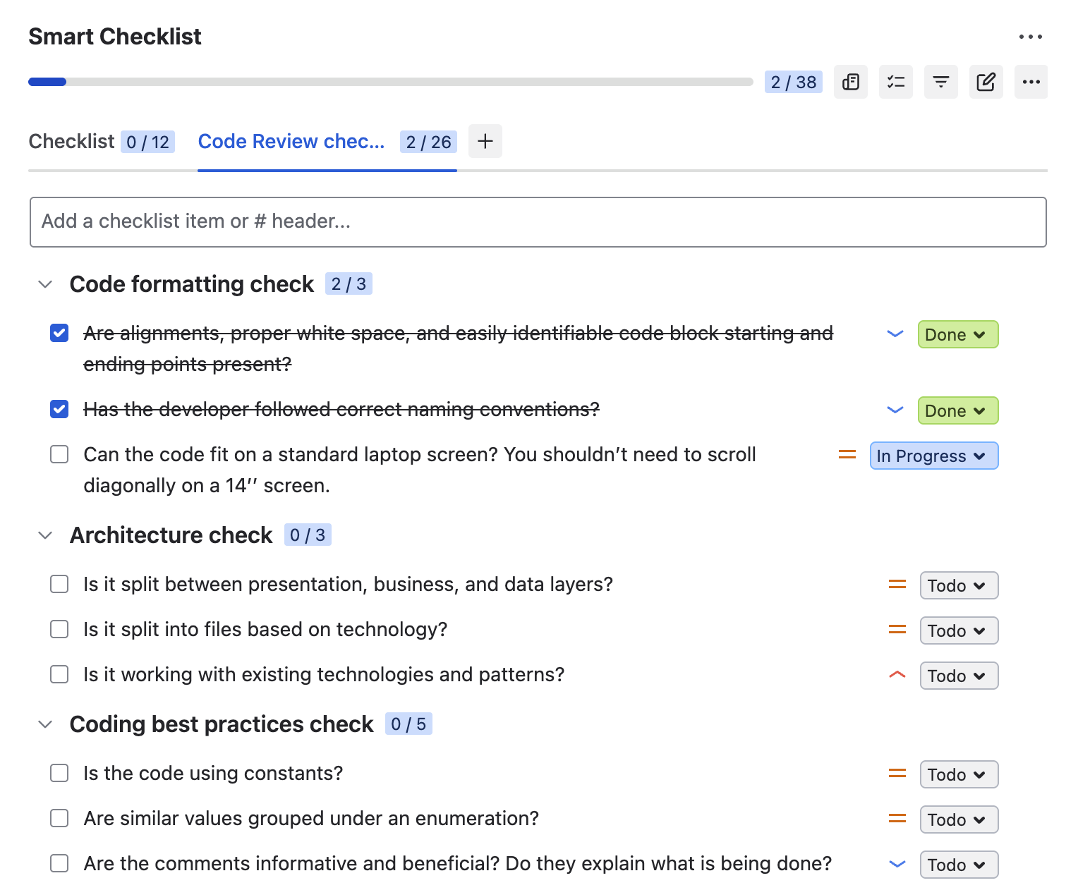 Smart Checklist - code review template