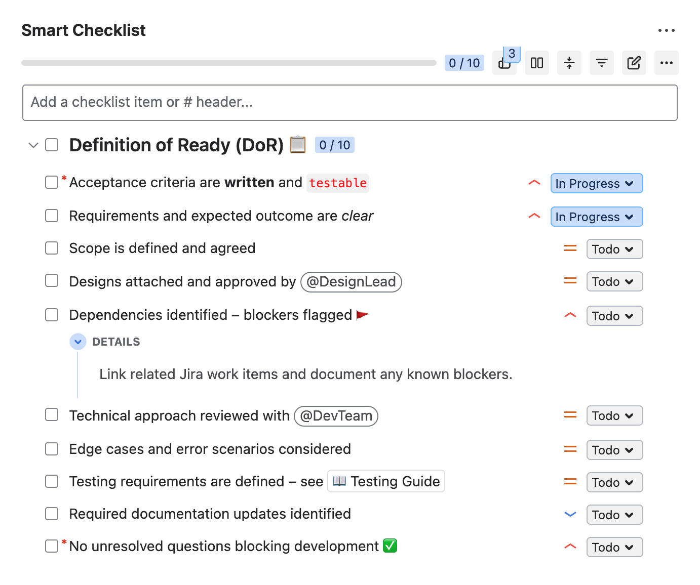 definition of ready checklist - Smart Checklist template