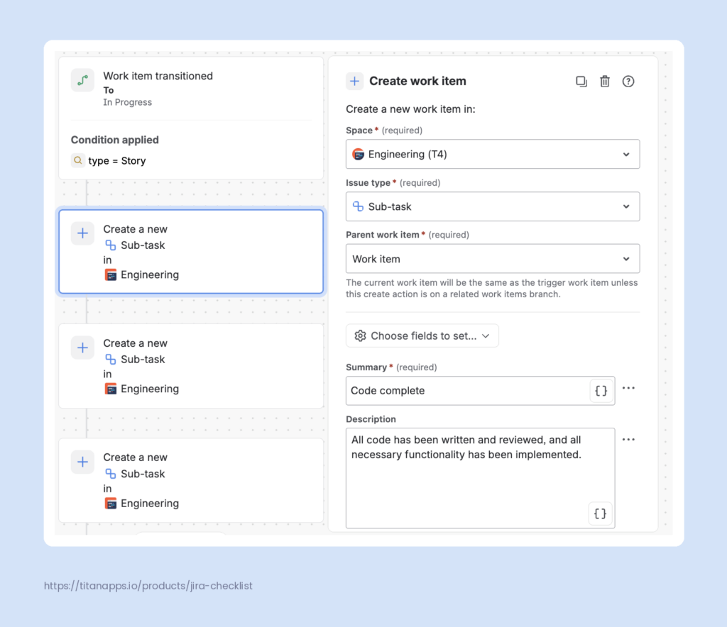 Jira automation flow splitting each Definition of Done sub-task into a separate Create work item action