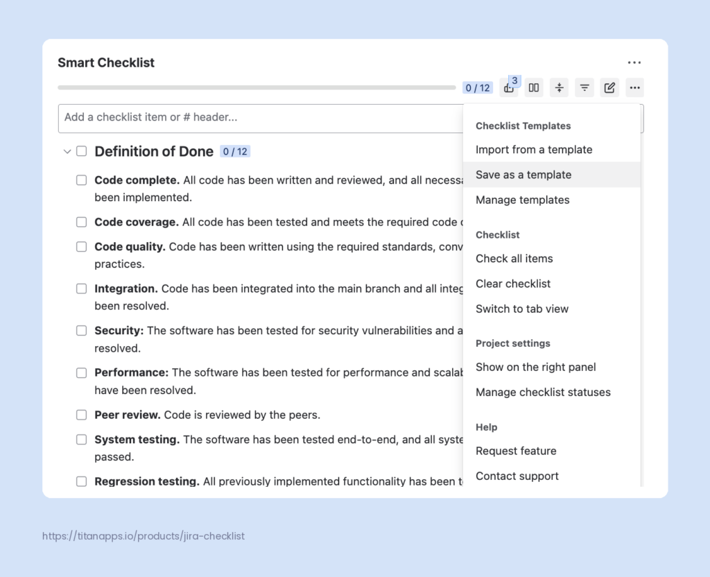 Smart Checklist panel in Jira showing a Definition of Done checklist and the Save as a template option