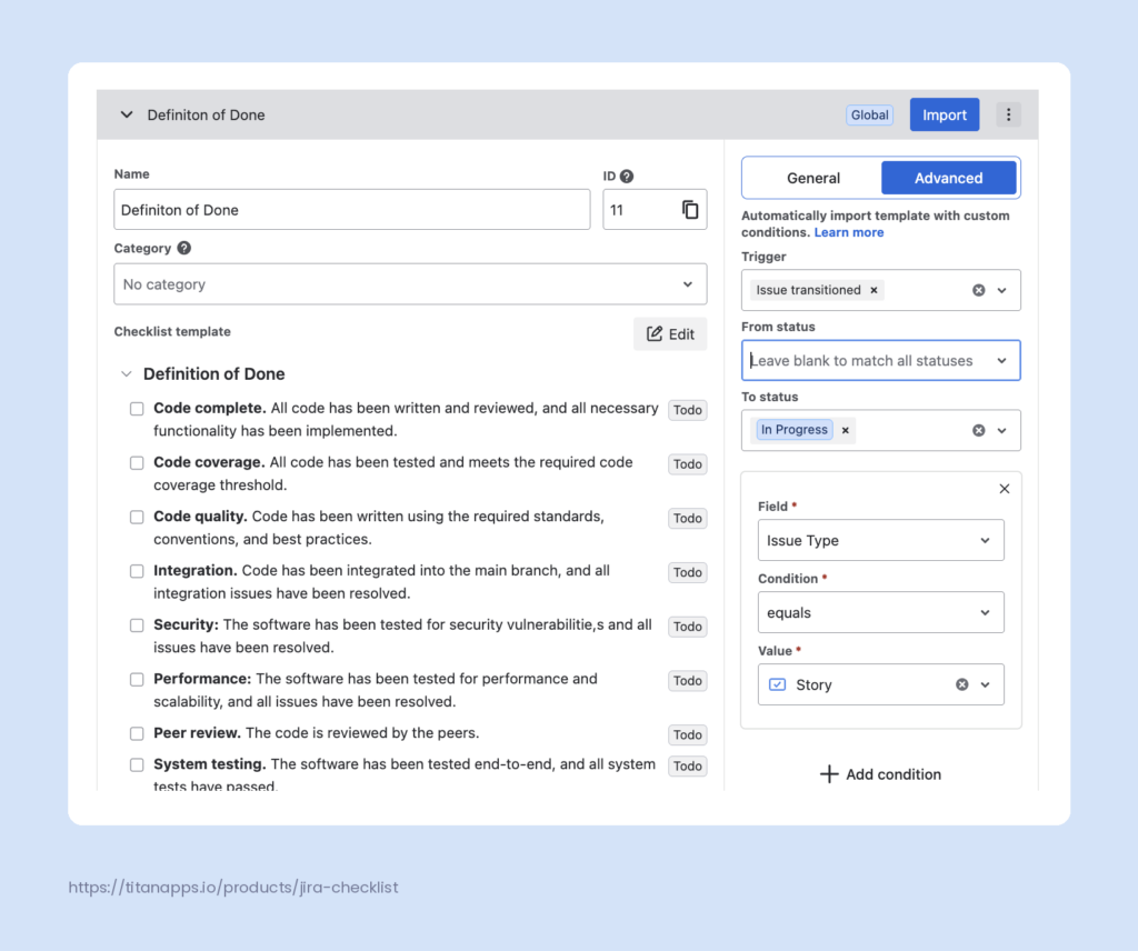 Smart Checklist built-in trigger importing the Definition of Done template when a Story moves to In Progress