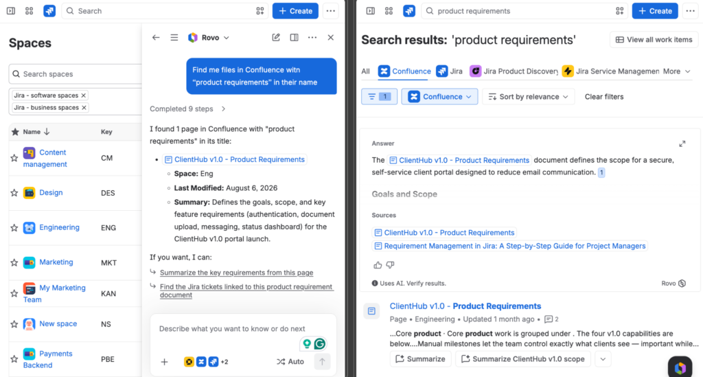 Side-by-side screenshot of Rovo Chat and Rovo Search in Confluence returning the same product requirements page.